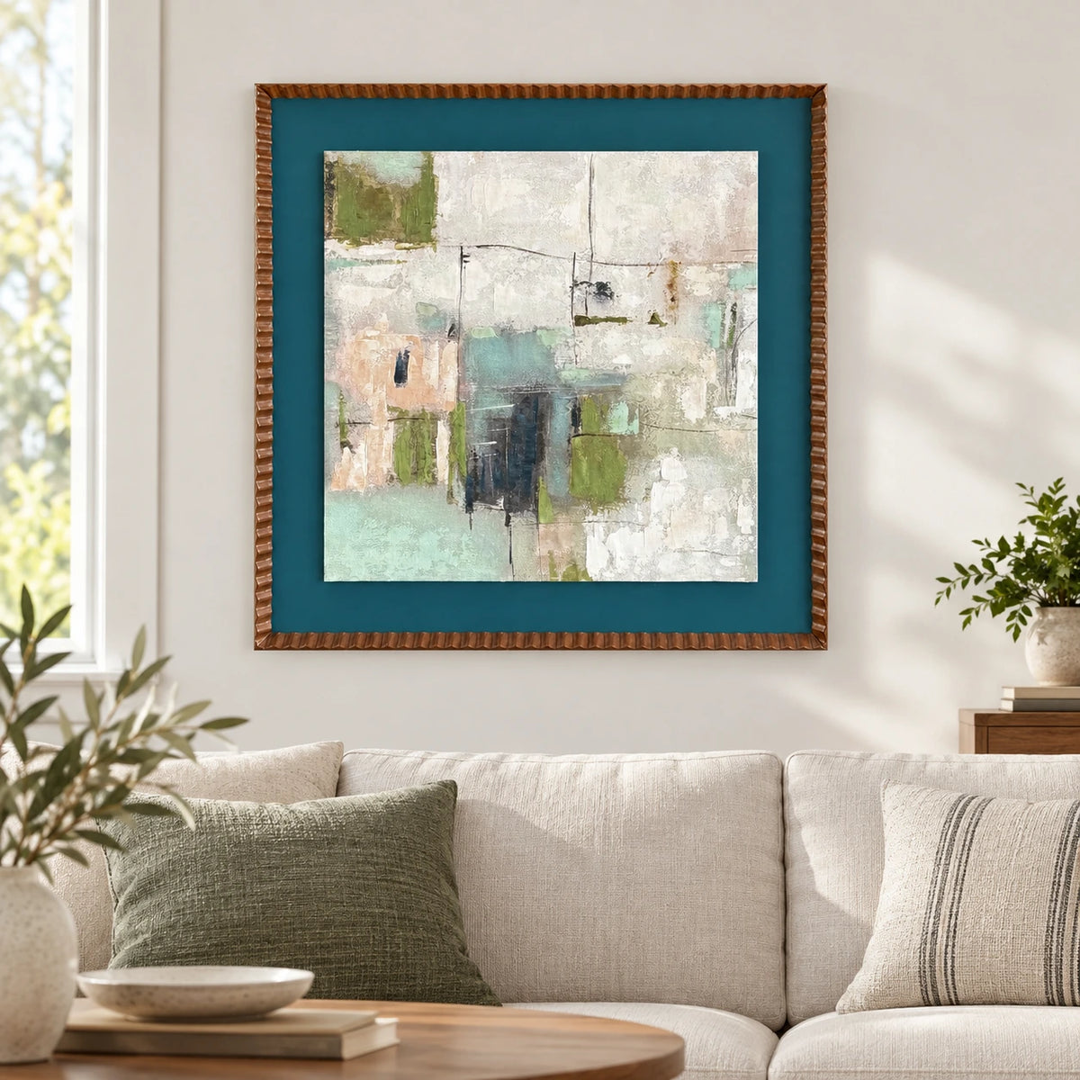 Çerçeveli Soyut Pastel Yeşil-Krem Tablo
