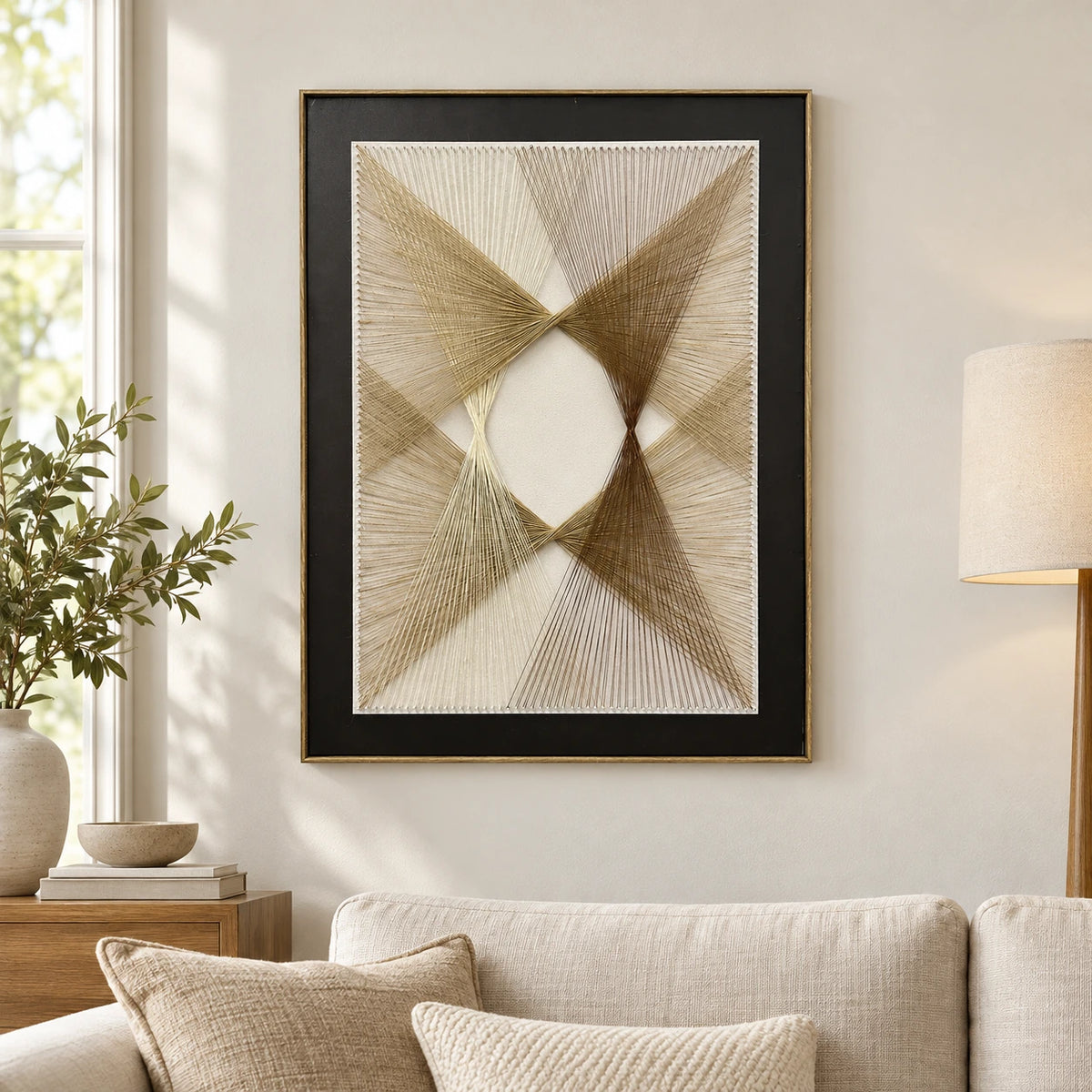 Çerçeveli 3D Geometrik Altın Çizgili Tablo