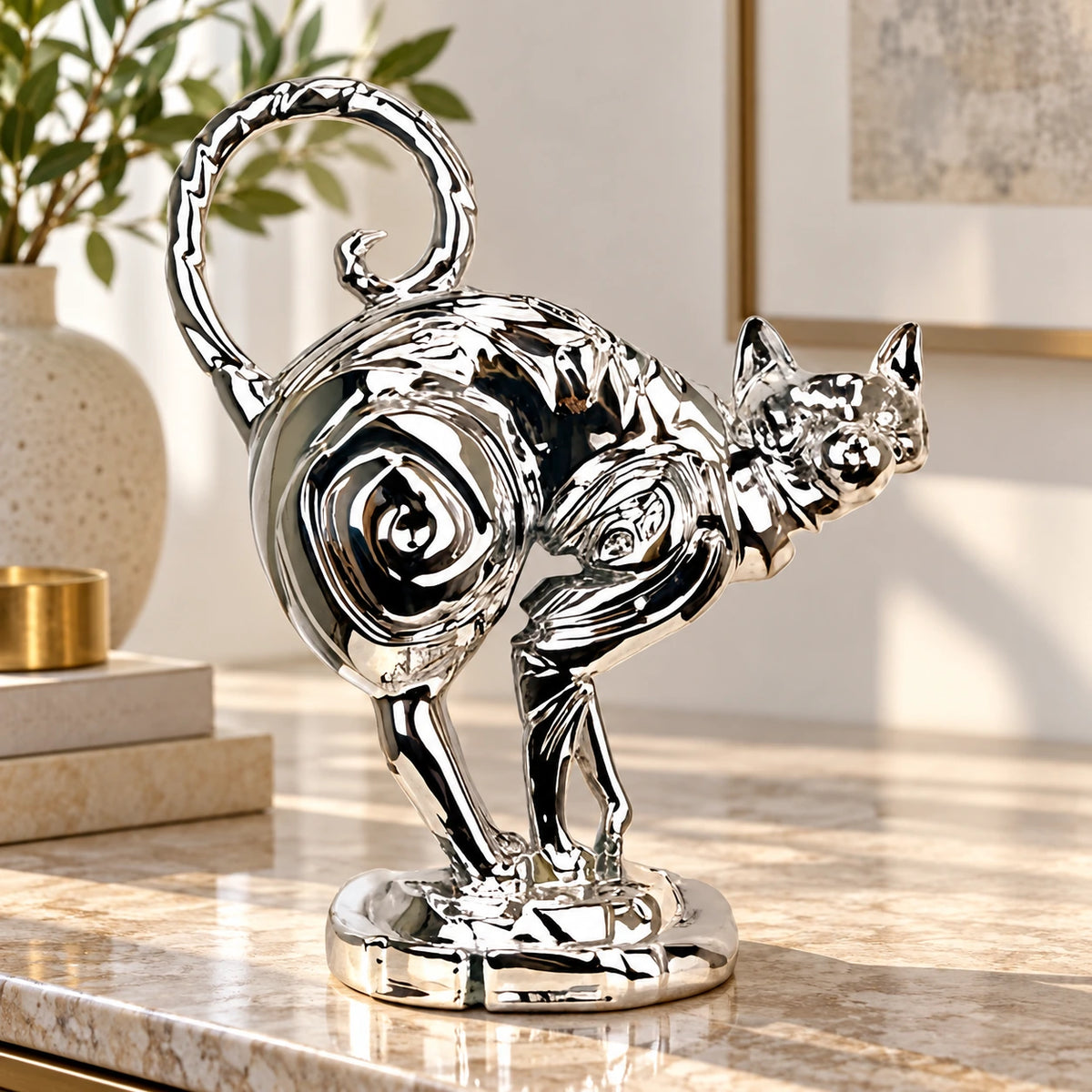 Siyah Spiral Desenli Kedi Heykeli