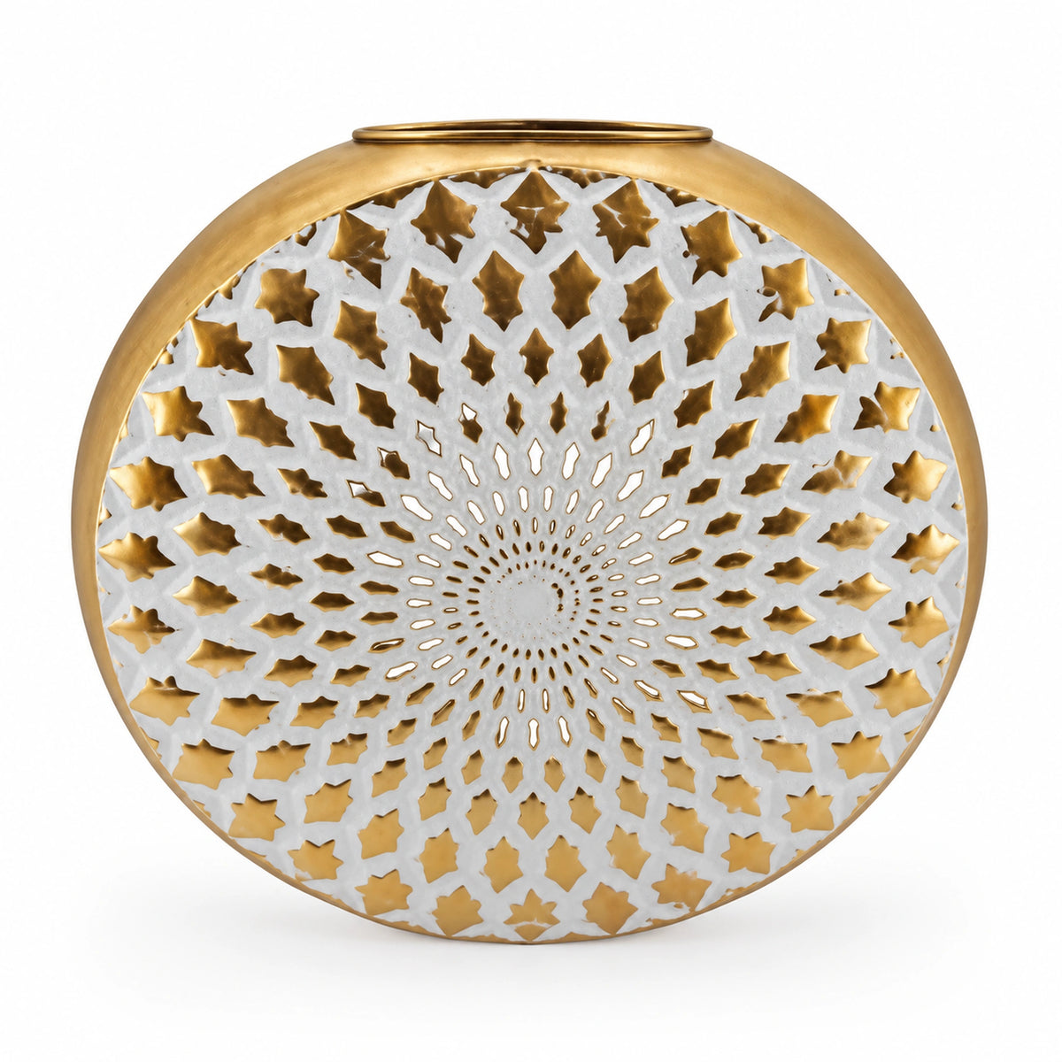 Büyük Beyaz-Altın Oyma Desenli Yuvarlak Vazo