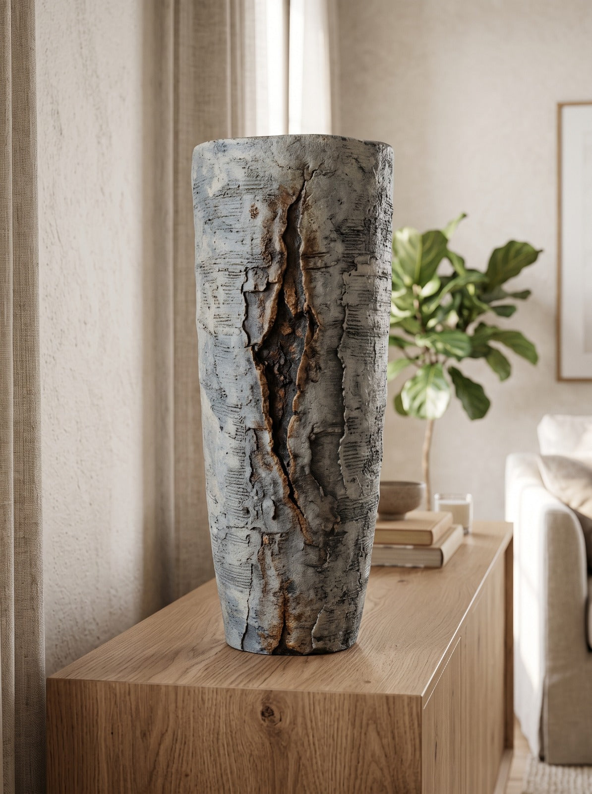 Kabuk Dokulu Gri Silindir Polyresin Vazo