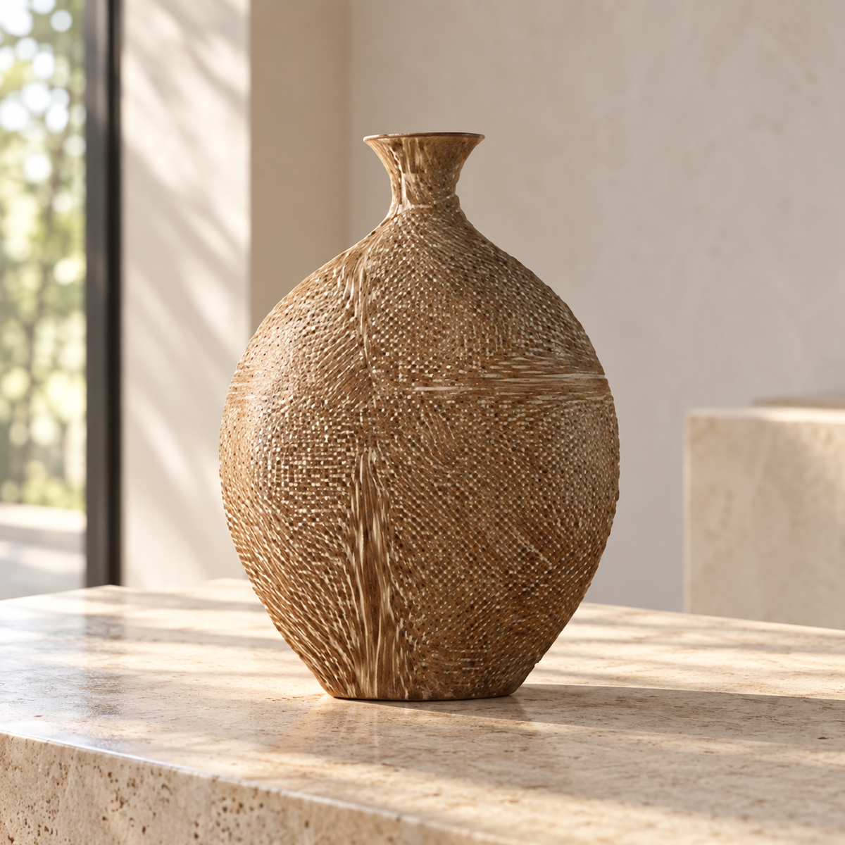 Ahşap Desenli Yuvarlak Polyresin Vazo – YZ02853LA-2