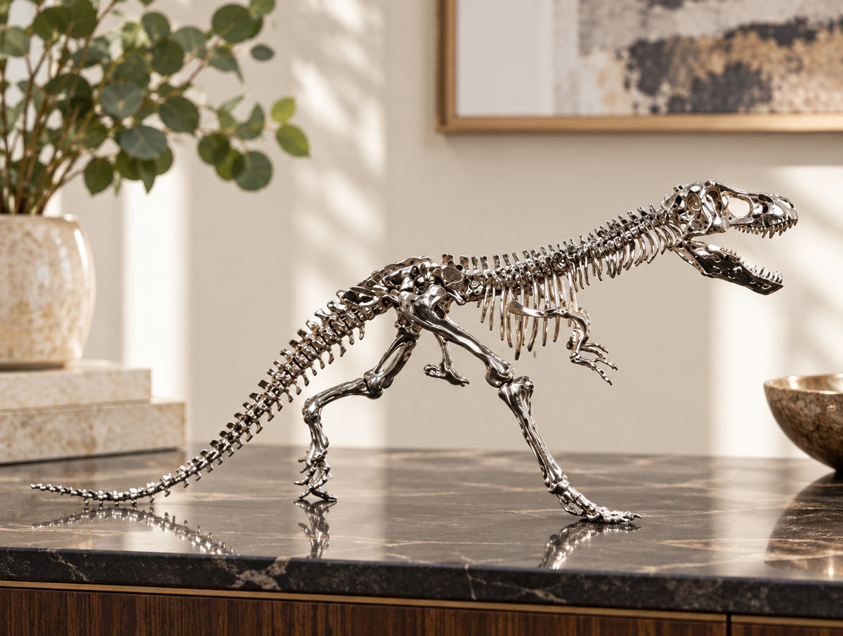 Gümüş Dinozor İskeleti Heykeli