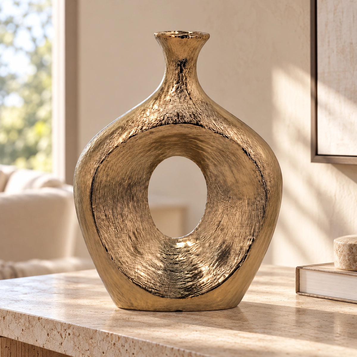 Bronz Oval Boşluklu Seramik Vazo
