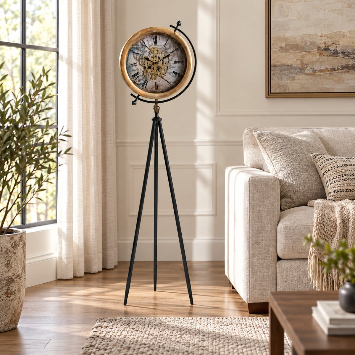 Bakır Çerçeveli Siyah Tripod Ayaklı Dişli Mekanizmalı Yer Saati