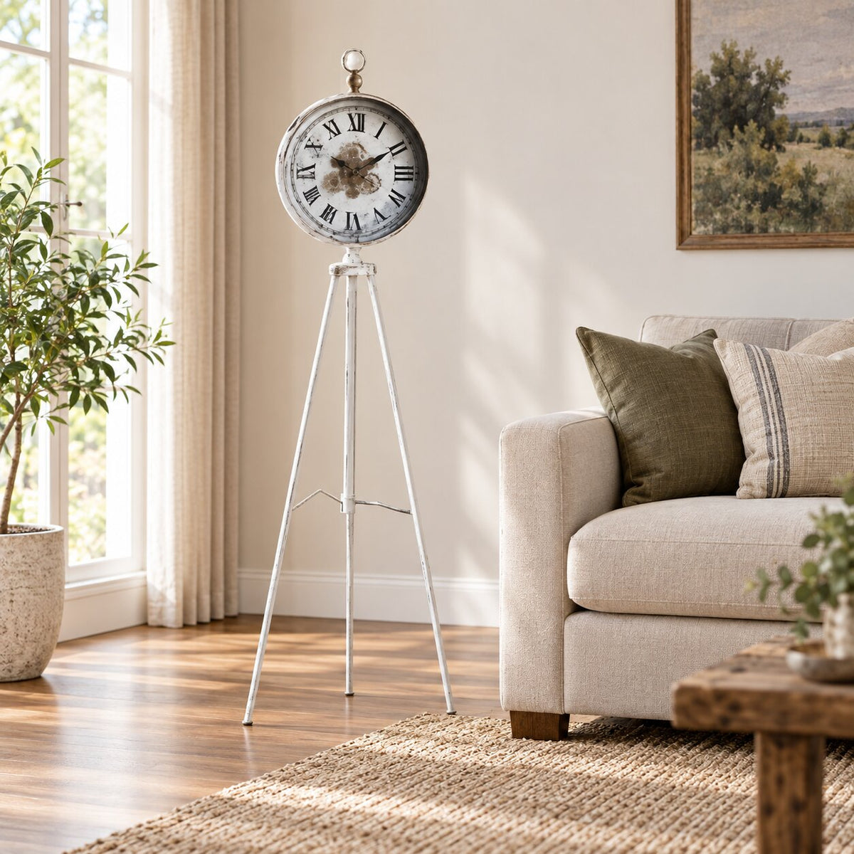 Beyaz Tripod Ayaklı Dişli Mekanizmalı Yer Saati